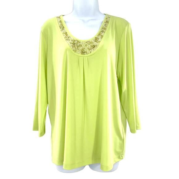 Susan Graver Green Beaded Scoop Neck Draped Front Long Sleeve Tunic Top M - Picture 1 of 9